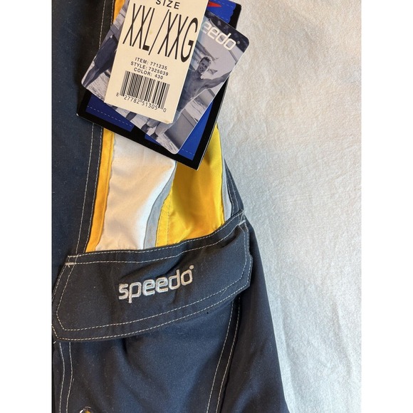 Men's Speedo Board Swim Trunks Navy Blue with White and Yellow Stripes, XXL, New - Picture 2 of 10